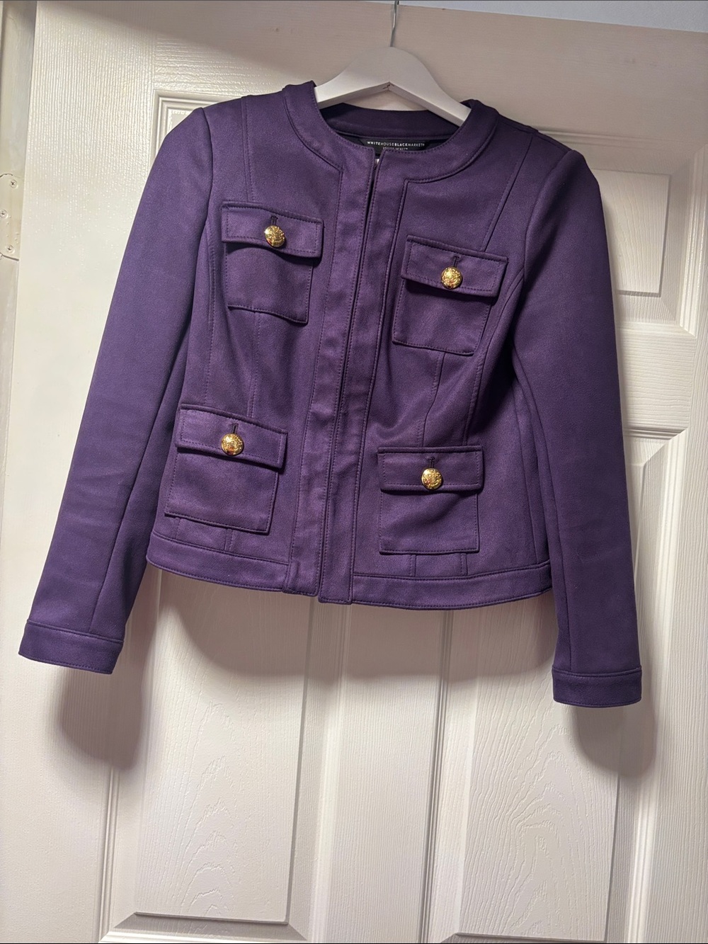 White House Black Market Purple Pocket Blazer with Gold Buttons
